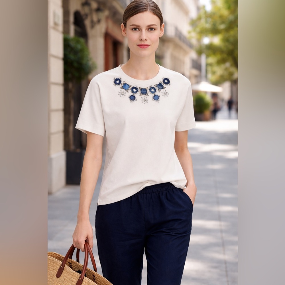 J.Crew White Short Sleeve Top with Blue Jeweled Trim Size Small